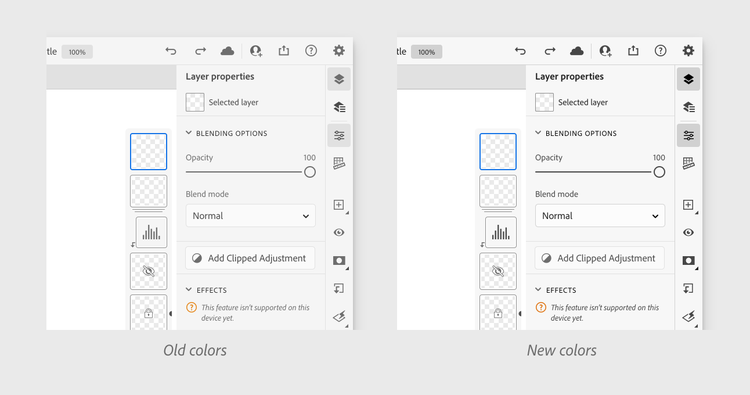 Two screenshots of Photoshop's layers panel, on the left using old grays and on the right using new grays, demonstrating the improvement in overall contrast.