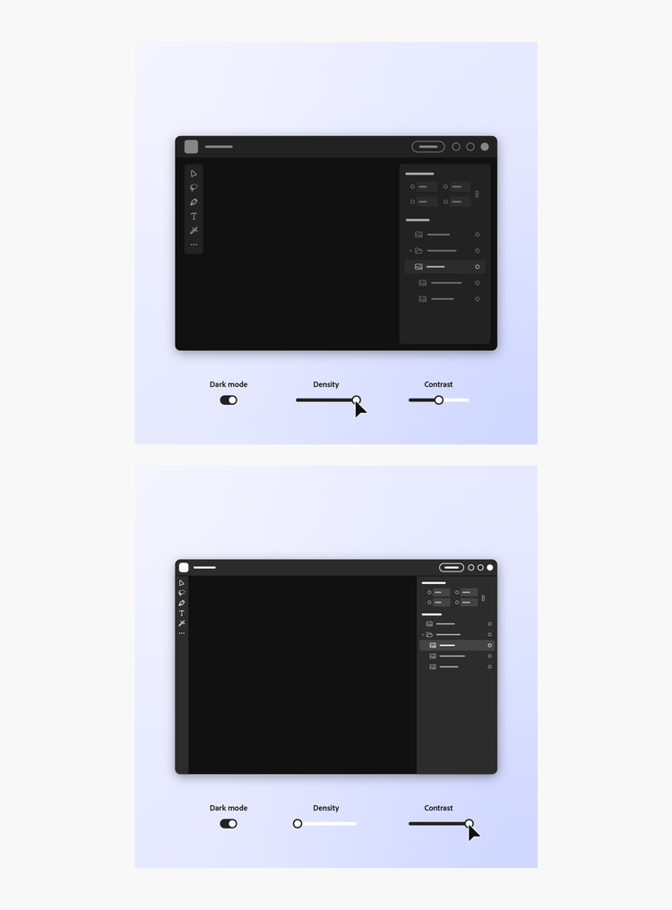 Two digital mockups of the Spectrum 2 density and contrast feature in dark mode on an iPad. Both mockups are the same with the iPad horizontal, a toolbar on the left and an options menu on the right, against a lavender background. Underneath each iPad are (from left to right) an on/off toggle for Dark mode, a Density slider, and a Contrast slider. The top image shows the Dark mode toggle on, the Density slider all the way to the right, and the Contrast slider midway. The bottom image shows the Dark mode toggle on, the Density slider all the way to the left, and the Contrast slider all the way to the right.