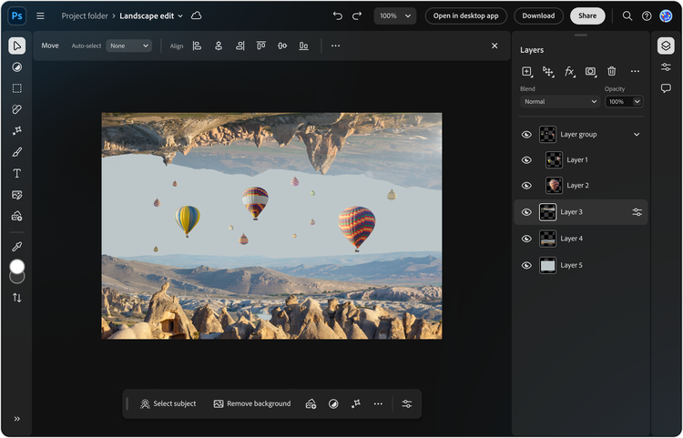 A screenshot of Adobe Photoshop on the web with an image, of a dozen hot air balloons sailing above a mountain range against a clear blue sky, in an open art board.