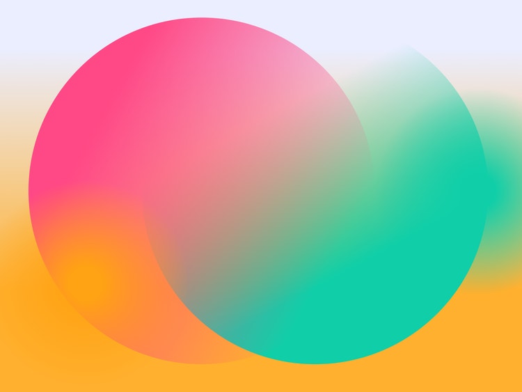 Two interlocking gradient circles (the left is pink-to-orange and the right is lavender-to-green). on a lavendar-to-orange gradient background