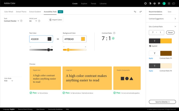 A screenshot of the Contrast Checker tool on Adobe Color. At the top of the page are fields and sliders for Text Color and Background color and beneath that are three Preview panes showing yellow backgrounds with brown (left) and black (two right) text. All three panes have a Pass checkmark. On the right side of the screen are Recommendations for color pairings, a Save button, and a dropdown arrow revealing the Set Contrast Ratio field.