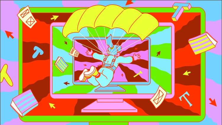 An illustration of a blue-haired girl wearing a teal blue jumpsuit, lime green work boots, and a yellow parachute leaping into a tabletop monitor nested in two increasingly larger tabletop monitors. Each monitor has a background of swirling graphics, typefaces, books, and cursors in green, orange, purple, teal, and brown.