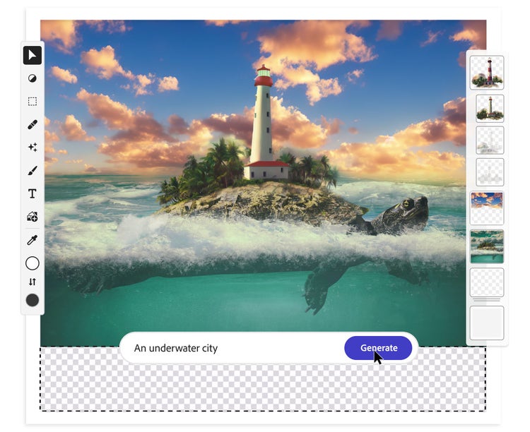 A screenshot of Adobe Firefly being used in a mock-up of a mobile appliction with the toolbar on the left, a layers panel on the right, and an image on the canvas. The image of a giant turtle swimming in a stormy sea appears, above the water line, to be an island with trees and a lighthouse.