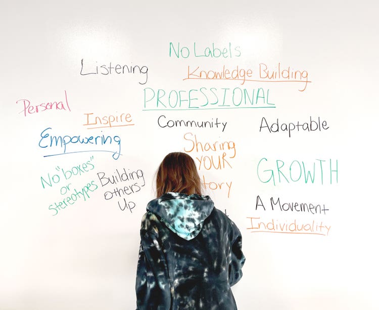A woman, standing with her back to the camera, is writing on a whiteboard and blocking the word directly in front of her. There are multiple words on the board written in orange, green, black, and blue marker. They are visible but in no particular order: No Labels, Knowledge Building, Professional, Community, Adaptable, Growth, A Movement, Individuality, Share Your History, Community, Building Others Up, No "Boxes" or Stereotypes, Empowering, Inspire, Personal, Listening.
