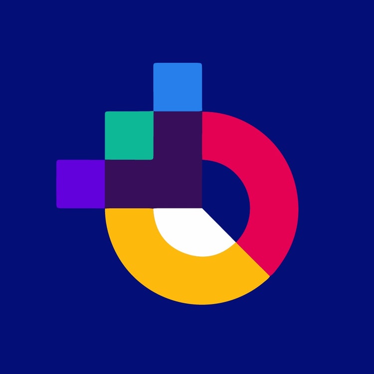 A colorful geometric design on an indigo background, featuring a central circle divided into four segments—red, yellow, white, and purple. Three small squares in blue, green, and purple are attached to the top left of the circle, and give the composition the appearance of an abstract logo or icon.