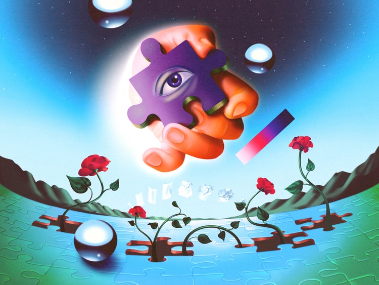 A digital illustration in a Surrealist style. The foreground is a green-and-blue-hued landscape composed of puzzle pieces with roses growing from vines where four puzzle pieces are missing. The backdrop is a rich blue sky with a horizon of green mountains and crystals. A hand, holding a purple puzzle piece with an eye on it, is poking through an opening in the sky.