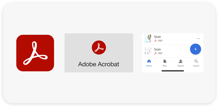 Three images on a white background. Left to right: a white Adobe Acrobat logo in a red icon; the Adobe Acrobat logo and wordmark; the Adobe Acrobat logo used to identify a file type.