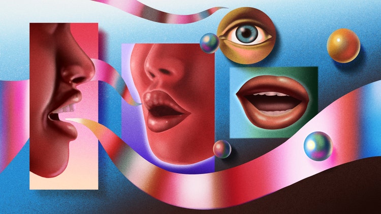 Three rectangular (and one round) illustrations on white-to-blue-to-black gradient background with gold, turquoise, and pink marble-sized spheres strewn across it. From left to right, the three rectangular illustrations are: the mouth and nose of a person in profile with a multicolored gradient speech ribbon coming from it that runs the width of the illustration from left to right; a mouth and nose of a person in profile with a multicolored gradient speech ribbon coming from it that crosses the illustration to the left; and an open, as if speaking, mouth. The round illustration is above the open mouth and has a turquoise-colored eye inside it.