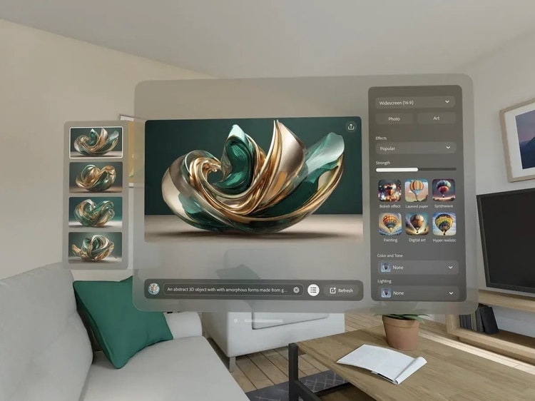 A computer screen is superimposed over the center of light-colored living room with a coffee table and comfortable seating. On the computer screen is a AI-generated image of a gold and green metallic sculpture and in a prompt bar beneath it, the prompt "An abstract 3D object with amorphus forms made from g...." Four smaller versions of the same image are on the left and on the right is a panel titled "Effects" containing a gallery of thumbnail-sized images.