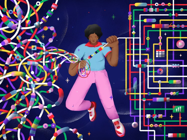 A digital illustration on a navy blue background with randomly placed stars. A Black woman wearing a light blue polo shirt, pink jeans, and red and white snearkers is holding a colorful, tangled string of shapes and lines that extend from both sides. On the left side, the strings are chaotic and intertwined with various shapes (circles, squares, ovals and rectangles). On the right side, the strings are organized into a complex circuit-like pattern with the original circles, squares, ovals, and rectangles accompanied by stylized charts and graphs.
