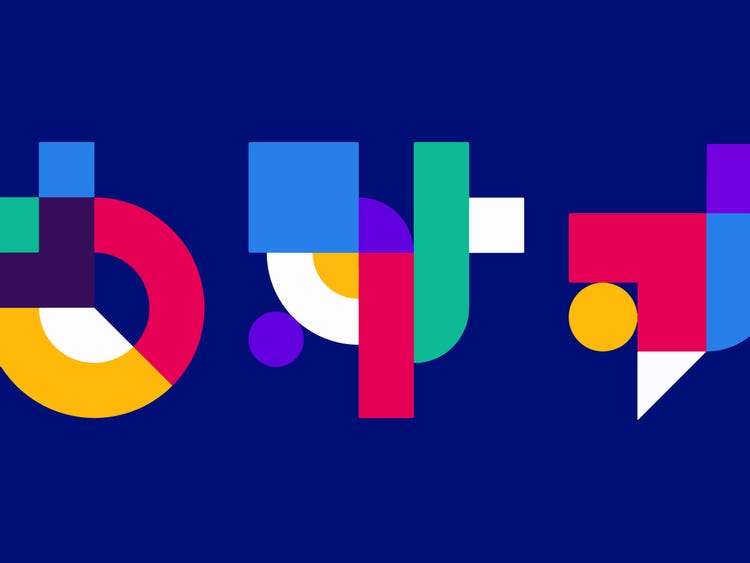 An abstract composition of multicolored geometric shapes—triangles, circles, and rectangles—in red, yellow, green, blue, purple, and white, arranged in a rhythmic, overlapping pattern on a deep purple background. The layout evokes a sense of dynamic movement and modern design.