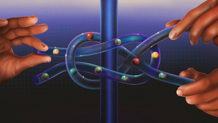 A digital illustration in a surrealist style. Two sets of hands hold three of the four ends of clear plastic tubing (with spheres of red, teal, and yellow floating inside it) tied in a square knot around a blue metal pole. Spheres in red, teal, and yellow float inside the tube. A single hand extends from the left side of the illustration to hold only one end of the tubing, seems to be untying the knot,, while a pair of hands extending from the right side of the illustration are not only holding each end of the tubing, but have twisted it to make it more difficult to untie.