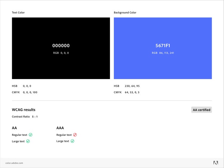 A screenshot of two large color swatches (black on the left and blue on the right) with HSB and CMYK color mode values, contrast ratio values, and certification ratings beneath them.