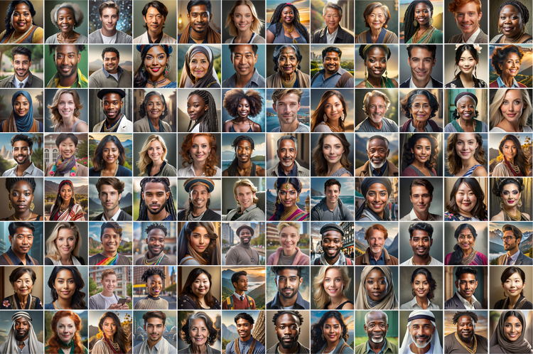 A grid of generative AI images of adults, 11 across and 8 down, of all ages, ethnicities, and genders.