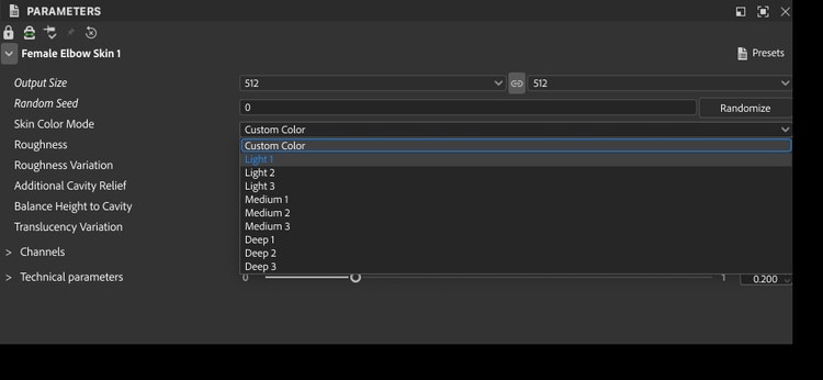 The Adobe Substance 3D panel interface for adjusting parameters of Female Elbow Skin 1. Shown are controls for output size, skin color mode, roughness, cavity relief, translucency variation, and technical settings.
