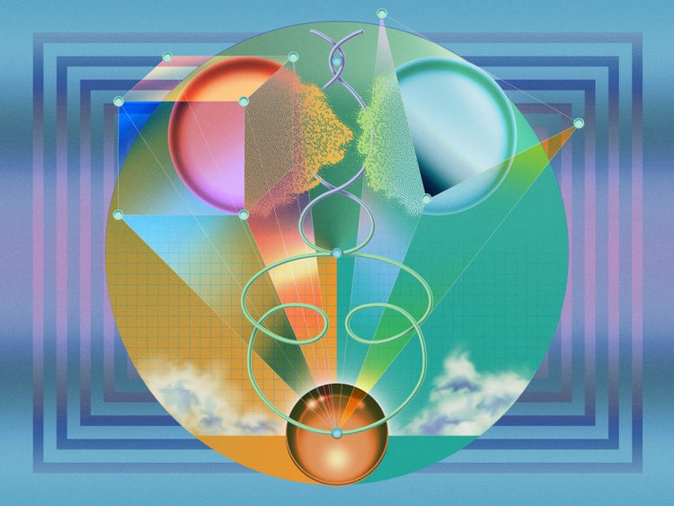 An abstract, symmetrical, geometric illustration composed around a large green circle centered on a blue background with concentric rectangular frames. Inside it are layered translucent triangles, looping spirals, fine grid patterns, and several glossy spheres in pink, blue, and orange. Soft clouds sit near the lower edge, and a glowing orange orb anchors the bottom center.