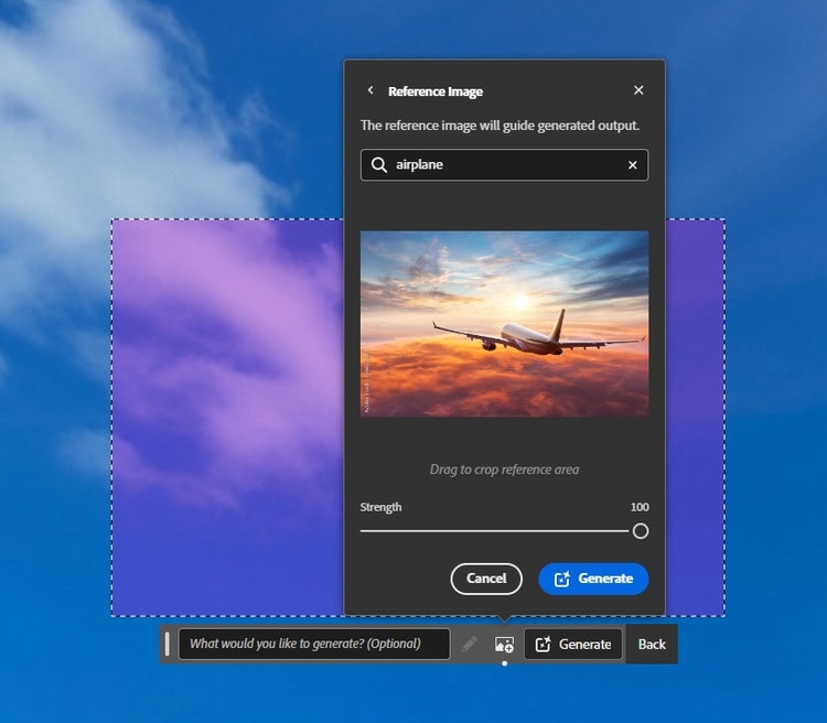 A screenshot of a blue sky with clouds with a highlighted rectangle in the center and a prompt field with the words "What would you like to generate?" Superimposed over it is a Generative Fill panel with a heading that reads "Reference Image. The reference image will guide your generated output." Beneath it is a search field with the word airplane and a photography of an airplane flying through a cloud-filled morning sky.