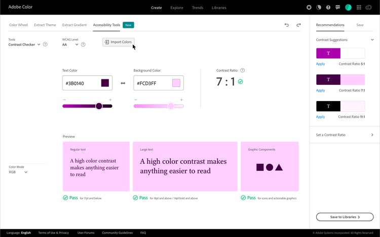 A screenshot of the Contrast Checker tool on Adobe Color. At the top of the page are fields and sliders for Text Color and Background color and beneath that are three Preview panes showing pink backgrounds couple with dark purple text. All three panes have a Pass checkmark. On the right side of the screen are Recommendations for color pairings and a Save button.