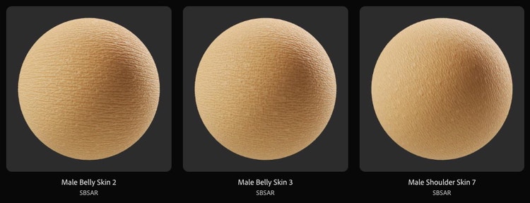 Three textured, yellow-toned spheres labeled (from left) Male Belly Skin 2, Male Belly Skin 3, and Male Shoulder Skin 7'.each displayed against a black background