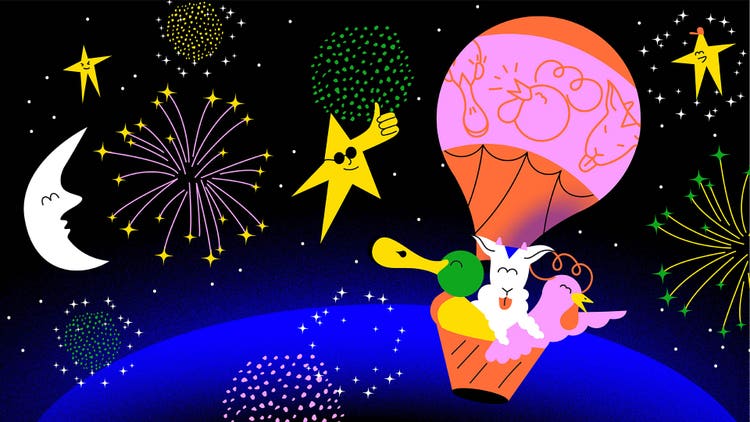 A digital illustration in a cartoon style. A pink and orange hot air balloon is floating above the earth in a night sky. A duck, a sheep, and a chicken are riding in its basket. The moon is sleeping, the stars are smiling (one of them, wearing sunglasses, is giving a thumbs up) and fireworks (in shades of pink, greeen, yellow, and white) light up the sky.