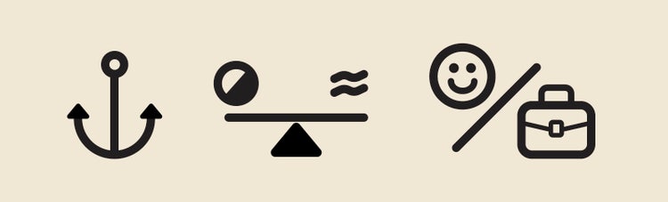 Three simple heavy black line drawings on an tan background. From left to right: an anchor; a seesaw with a half black and half white circle on one side and a wavy equals sign on the other; and a happy face above a fraction bar and a briefcase below it.