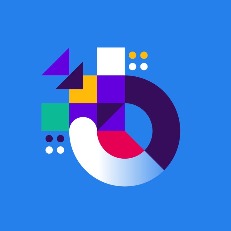 A modern, abstract geometric design featuring overlapping triangles, squares, and circles in purple, yellow, green, white, and red, arranged on a vibrant blue background.