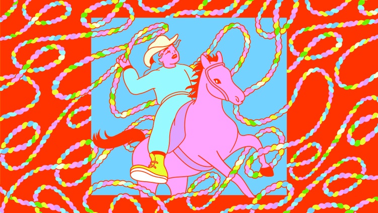 An illustration of a blue-haired cowgirl riding a pink horse, with a purple saddle, against a blue square background nestled in a rectangle of red. She's wearing a teal blue jumpsuit, a yellow cowboy hat, and lime green work boots and twirling a multicolored braided lasso of pink, blue yellow, purple, and green. The swirls and spins and shapes of the lasso fill the empty space behind her.