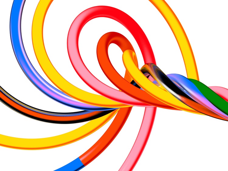 A digital illustration of six tubes in mingling shades of pink, red, yellow, black, green, and blue on a white background. The tubes, tightly twisted on the right, untwist into a spiral of color on the left.