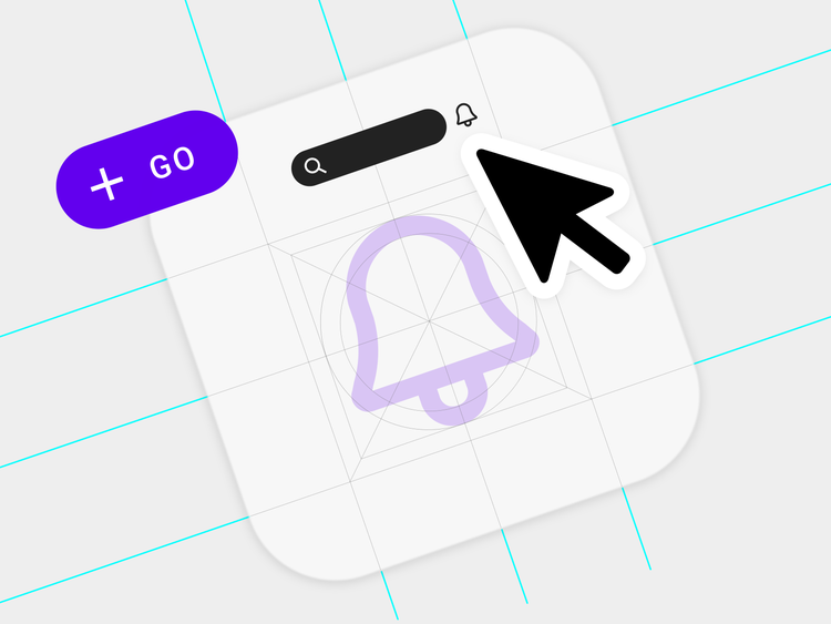 A digital illustration of a bell app icon placed diagonally on a white background with a teal grid. Positioned over the icon are a purple Go button, a black search bar, and a black pointer arrow.