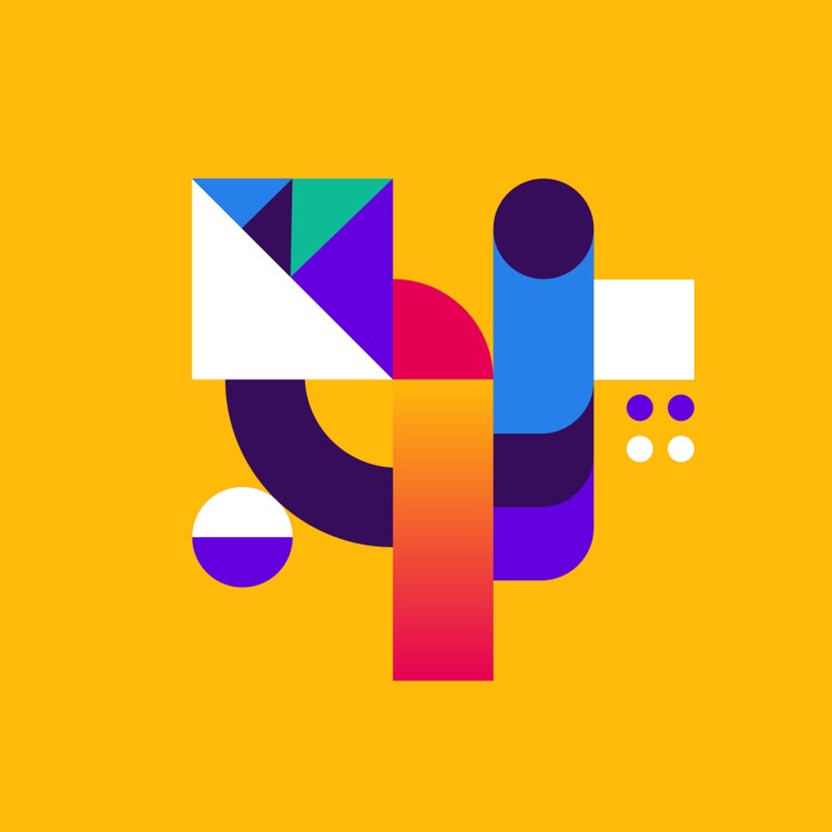 A modern, abstract geometric composition set against a bright yellow background, featuring a white triangle with blue and green segments, a purple semi-circle, a red-to-orange gradient ribbon-like curve, blue cylindrical forms, and scattered small circles in purple and white.