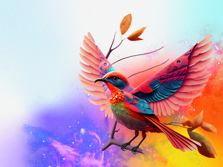 A digital image of a rainbow-hued bird perched on a branch with its wings spread against a cloud-like background of purple, yellow, and orange.