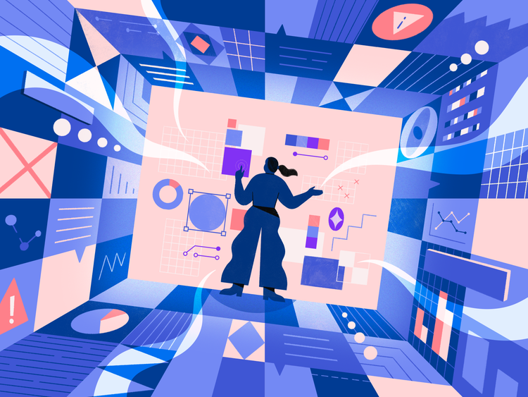 A digital illustration of the silhouette of a woman standing facing the pink back wall of a room composed of layered geometric shapes in shades of purple, blue, pink, and salmon. At the wall she's manipulating various components of compositions (colors, shapes, graphs).