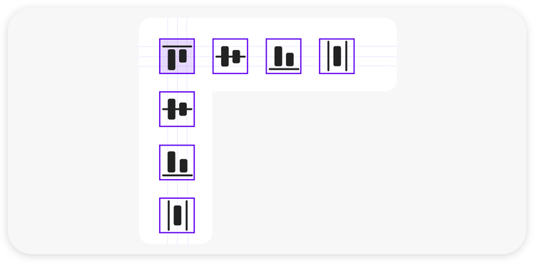 Seven white squares outlined in purple each with different lines and line weights inside form a right angle consisting of a row four across (aligned top and bottom) and a column four down (aligned side to side).