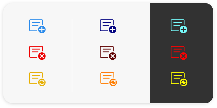 Three rows (each three high) of the same document icon, with an x in the lower right corner, in different colors on a background, divided vertically into two-thirds white and one-third black. Top row (left to right): blue, navy, teal (on black); middle row (left to right) red, brown, red (on black); bottom row (left to right) yellow, orange, yellow (on black) .