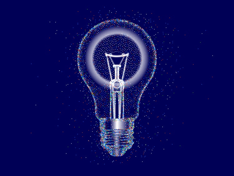 A digital illustration of a light bulb with visible filament and screw base, rendered in a pointillism style using small dot of white, yellow, blue, green, and red, set against a dark purple background.