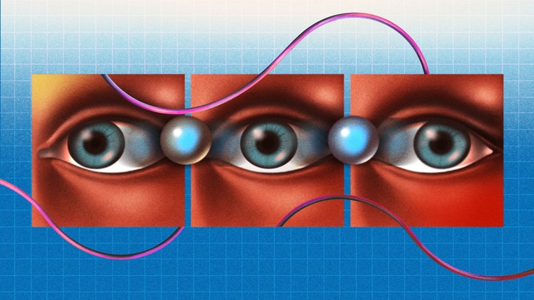 Three squares (each with the same turquoise-colored eye inside it), separated by marble-sized spheres, against a blue-to-white gradient background with a grid of white lines over it. Thin fuschia ribbons weave behind and in front of the squares.