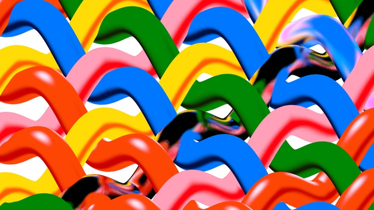 A digital illustration of six flattened tubes in mingling shades of pink, red, yellow, black, green, and blue on a white background. The tubes are in a wave-like weave with the white space between them increasing as the weave moves from right to left.