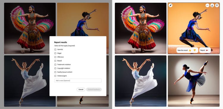Two sets of the same four generative AI images of young woman dancing. The women, of different ethnicities, are each performing a different type of dance. Superimposed on the group of photographs on the left is a checklist that reads "Report results. Select all that apply (required): Harmful, Illegal, Offensive, Biased, Trademark violation, Copyright violation, Nudity/Sexual content, and Violence/gore," alongside an empty text field and two buttons that read "Cancel. Submit feedback." Superimposed on the group of images on the right, along the top edge of the upper right hand photograph, are a pencil icon, an ellipses icon, a download icon, and a heart icon. Aloong the bottom edge of the same image are two buttons that read: "Rate this result" alongside thumbs up and thumbs down icons and "Report" alongside an arrow icon.