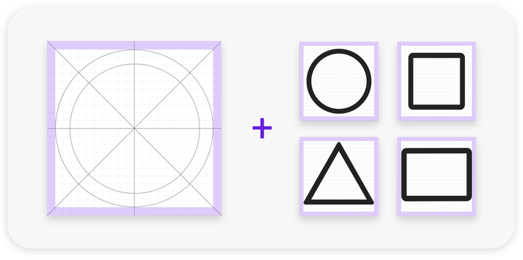 On the left is a large white square, outlined in purple, with a grid background, and thin black lines creating two concentric circles and dividing it in half horizontally, vertically, and diagonally. On the right are four smaller white squares (two across and two high) with grid backrounds each with a shape inside (clockwise from top left circle, square, rectangle, triangle). Between the large square and the four smaller ones is a plus sign.