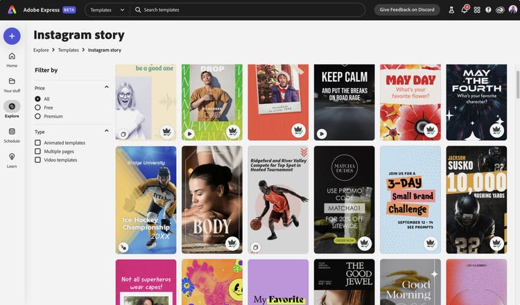 A screenshot of the Instagram templates page of Adobe Express multiple rows of six-colums of tempates and the ability to filter by Price (All, Free, Premium) and Type (Animated, Multi-page, Video)