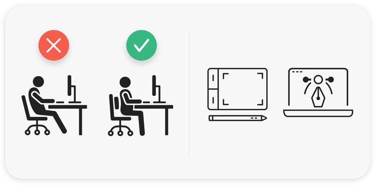 A vector illustration with four images. Left to right, a silhouette of a person with poor seated posture facing a computer monitor (a red circle with a white x is above it); a silhouette of a person with perfect seated posture facing a computer monitor (a green circle with a white checkmark is above it); a tablet and a drawing stylus; a computer screen with with Illustrator's Pen tool on it.