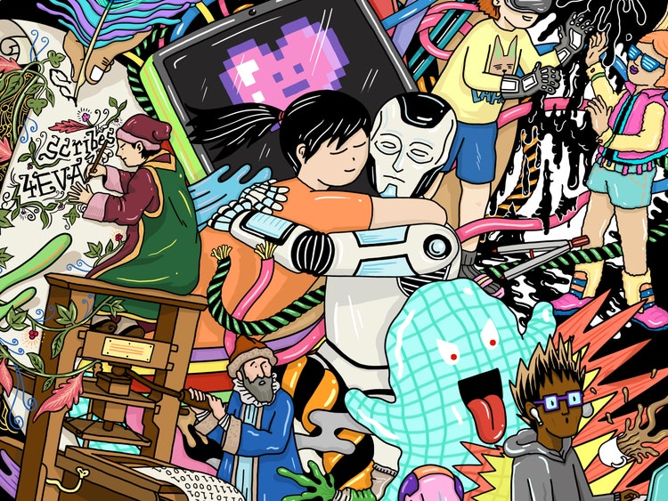A vibrant, chaotic collage of colorful illustrations featuring a mix of futuristic and retro elements. At the center, a humanoid robot embraces a young woman wearing an orange top and her dark hair in ponytail. Surrounding them are dynamic characters and objects: a large purple and pink pixelated heart on a computer monitor, a person in VR goggles holding controllers, a medieval scribe writing at a wooden desk, and a blue checkered blob like creature with a wide open mouth and tongue sticking out. Bright swirling cables, abstract shapes, and bursts of color fill the energetic and playful scene.