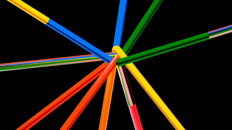 A digital illustration of six tubes in mingling shades of pink, red, yellow, black, green, and blue on a black background. The tubes, overlapped at the center, straighten and extend to the edges of the rectangle.