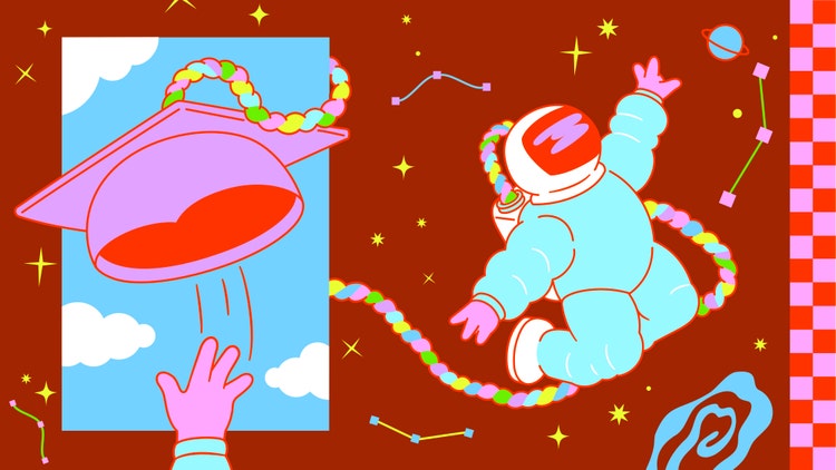 An illustration composed of two separate images on a brown background. On the left is a pink hand tossing a purple graduation cap with a multicolored braided tassel of pink, blue, yellow, purple, and green, into a blue cloud-filled rectangle of sky. On the right is an astronaut floating among stars, constellations, and planets. The astronuat is wearing a blue suit, pink gloves, white boots, and a white helmet connected to a jet pack with a multicolored braided line of pink, blue, yellow, purple, and green.