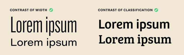 Heavy black Lorem ipsum type on a tan background. Four typefaces are divided into two columns that read (from left to right): Contrast of width; and Contrast of classification. Under the Contrast of width heading the fonts are both sans serif and have a similar line weight, but the top one is tall and with narrow spacing between the letters and the bottom one short with wide spacing between the letters. Under the Contrast of classification heading the fonts are of a similar height and line weight but one is sans serif and the other is serif.