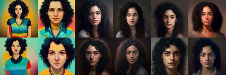 Twelve AI-generated images in two rows of six: The four on the far left are cartoon like portraits and the eight on the right are photo-realistic.