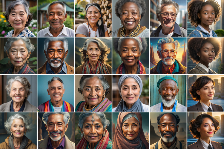 A grid of generative AI images of adults, 6 across and 4 down, of all ages, ethnicities, and genders.