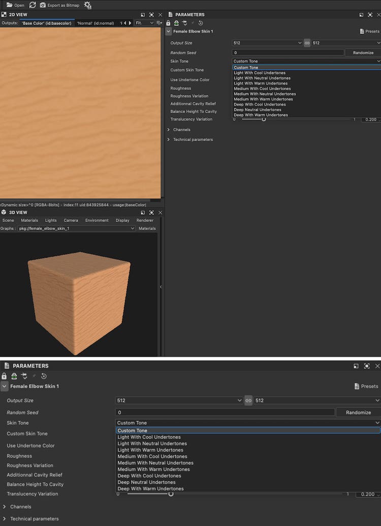 Two screenshots stacked. Top: Software interface showing a 2D wood grain texture and a 3D cube with the same texture. Two parameter panels on the right configure Female Elbow Skin 1 with options for skin tone, roughness, cavity relief, translucency, and technical settings. Bottom: A close-up view of the parameter panel showing Custom Tone choises: Light with Cool Undertones, Light with Neutral Undertones, Light with Warm Undertones, Medium with Cool Undertones, Medium with Neutral Undertones, Medium with Warm Undertones, Deep with Cool Undertones, Deep with Neutral Undertones, Deep with Warm Undertones.