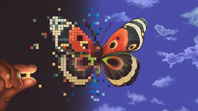 A digital illustration in a surrealist style of a Monarch butterfly being illustrated pixel-by-pixel. The right side of the butterfly is intact against a royal blue cloud-filled sky. The left side is pixelated against a black background and next to it, a hand is reaching into the illustration to build it with glowing colored pixels in shades of orange, black, green, red, and yellow.