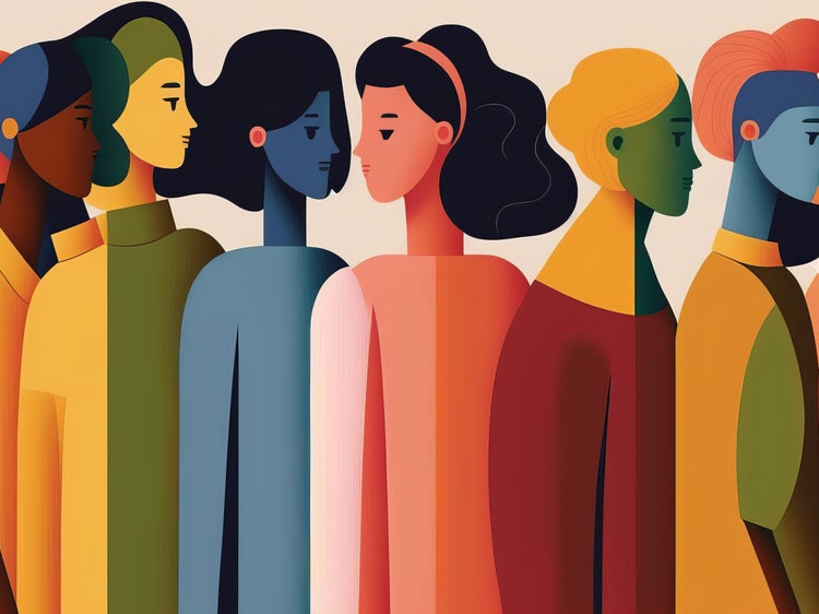 A digital illustration of a group of six colorfully-hued people.